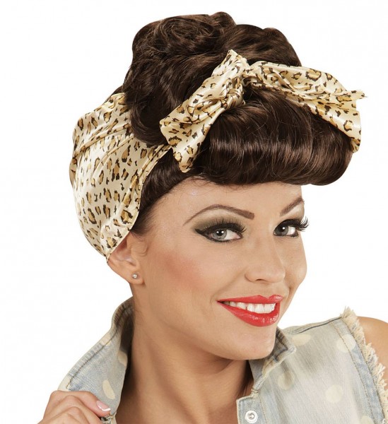 Braune Rockabilly Pin Up Girl Perücke mit Haarband mit Leopardenmuster In Box ° Braun