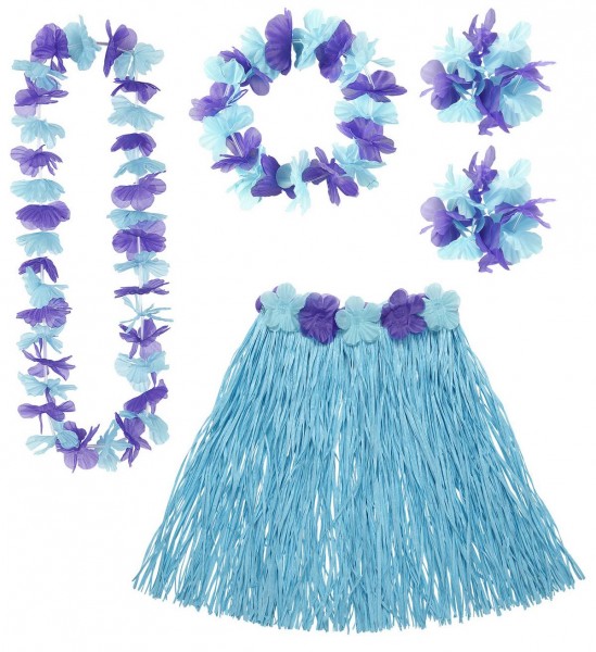 Hawaii-Set ° Hawaiirock mit Blumengürtel, Blumenkette, Kranz und 2 Armbändern ° Blau