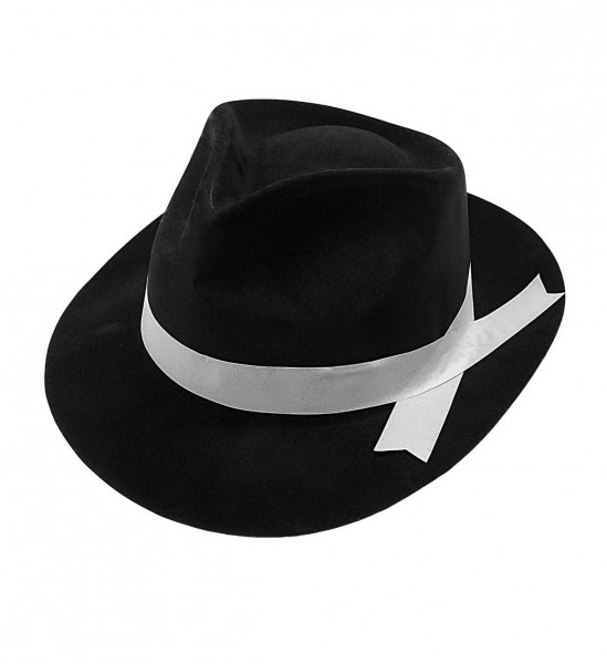 Beflockter Gangster Hut mit weißem Band ° Schwarz-Weiß