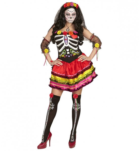 Mujer Dia De Los Muertos ° Kleid,Fingerlose Handschuhe, Overknees, Kopfschmuck mit Schleier