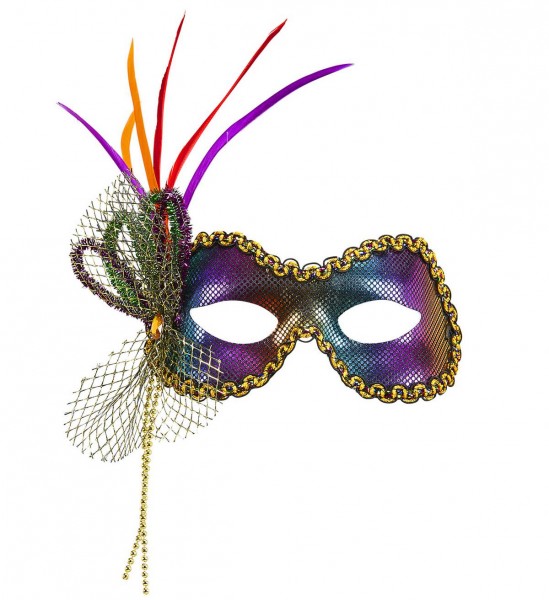 Fidelio Augenmaske in Regenbogenfarbe mit Edelstein, Perlen, verschiedenfarbige Federn &amp; Dekoratione