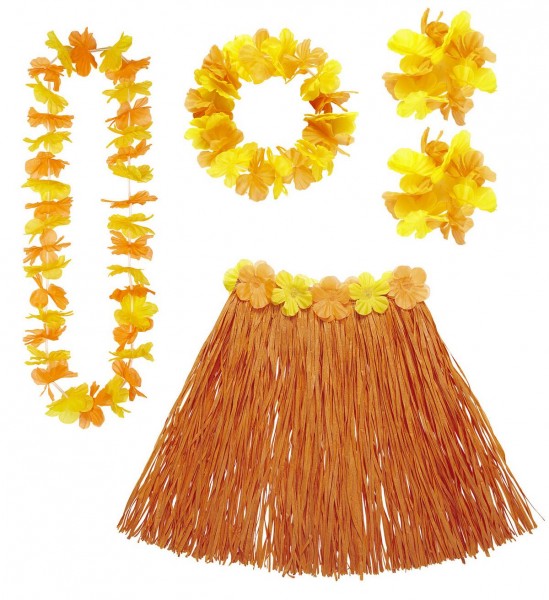 Hawaii-Set ° Hawaiirock mit Blumengürtel, Blumenkette, Kranz und 2 Armbändern ° Orange